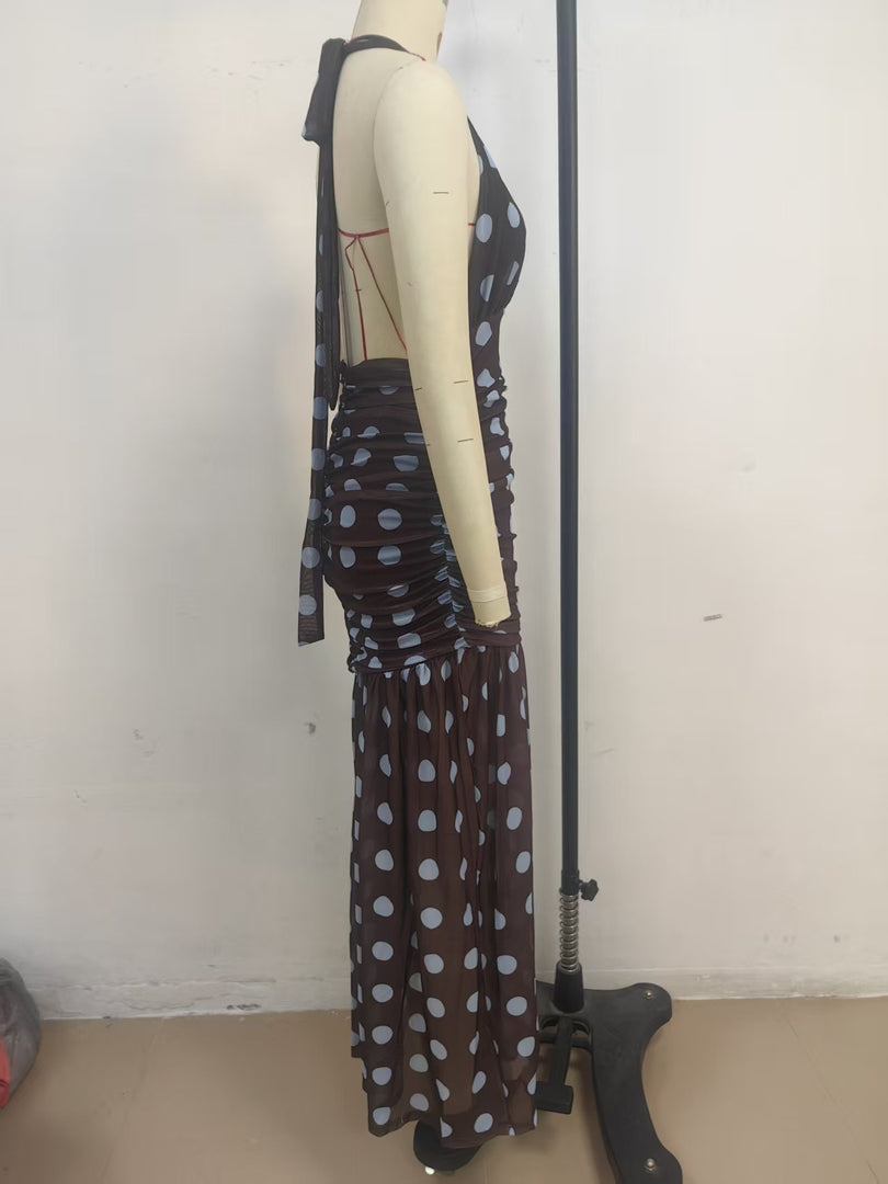 Polka Dot Mesh Halter Dress V Neck Open Back Tie Waist N6F029