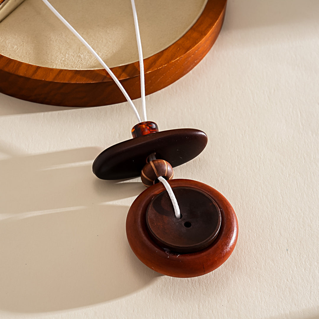 Leather Cord Resin Wood Round Pendant Necklace N6H140