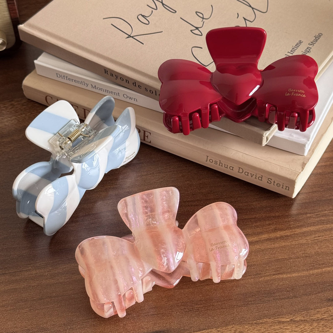 3D Bow Retro Stripe Acetate Hair Claw Clip Women N6C351