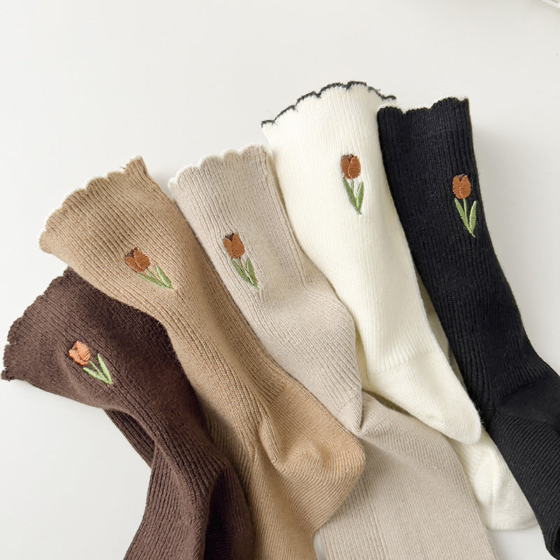 Lace Embroidery Cotton Mid-Calf Socks Women N6C154
