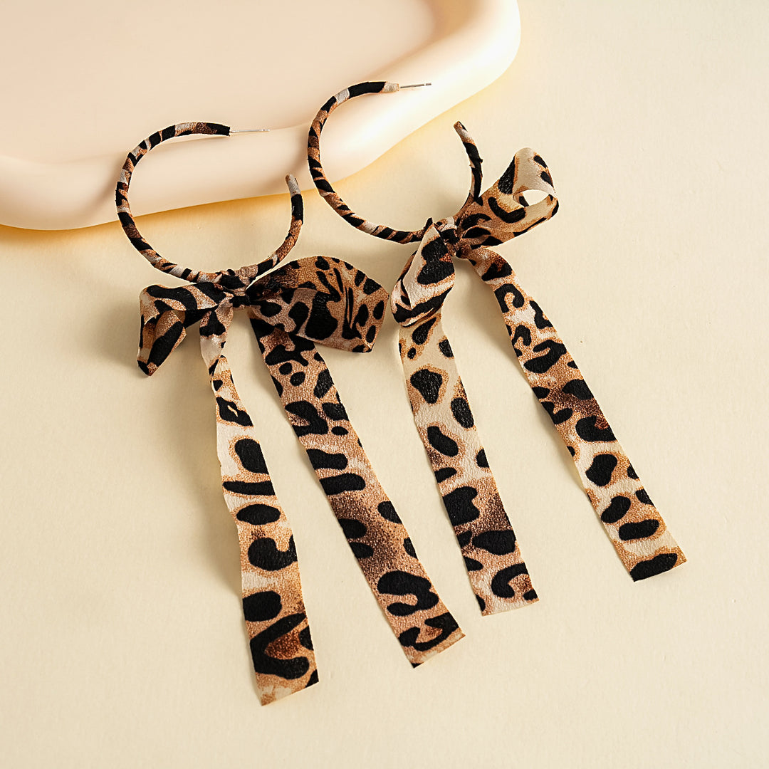 Womens Vintage Leopard Print Bow Tassel Fabric Stud Earrings N6K169