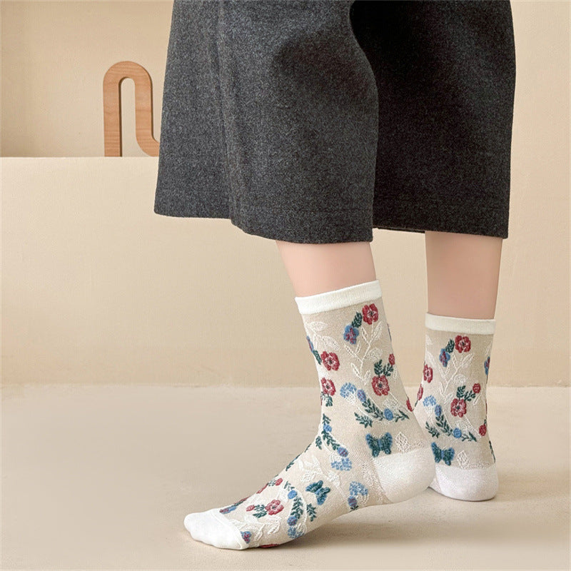 Botanical Print Cotton Mid Calf Socks  M5A070