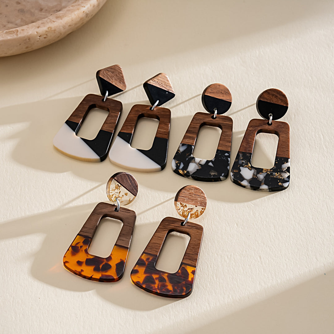 Vintage Resin Wood Geometric Steel Stud Earrings N6H100