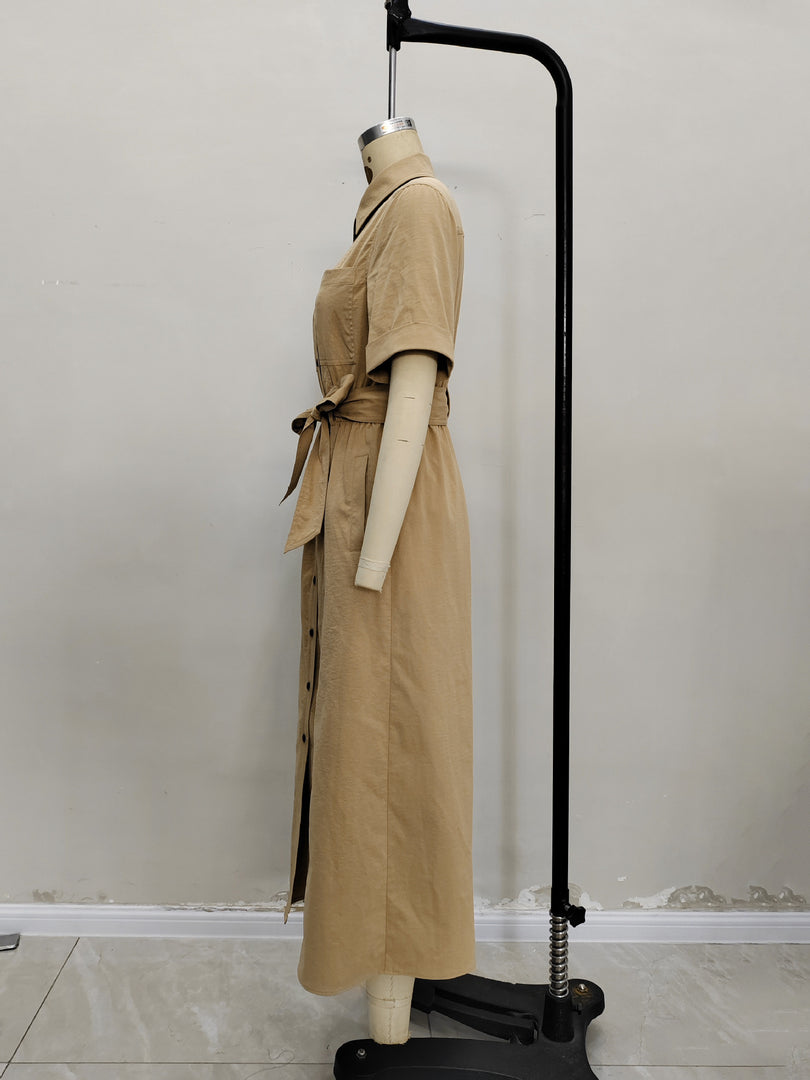 Khaki Short Sleeve Belted Shirt Dress Women N6F230