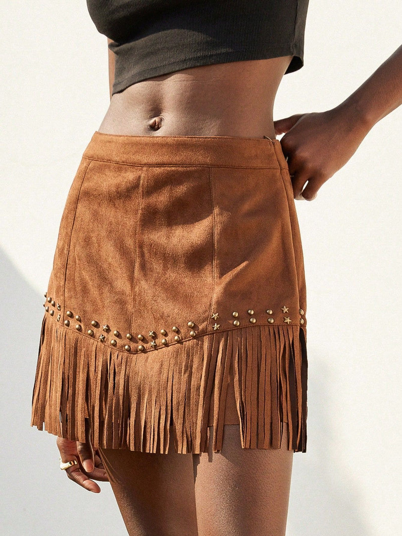 Rivet Fringe Suede Skirt Women N6C130