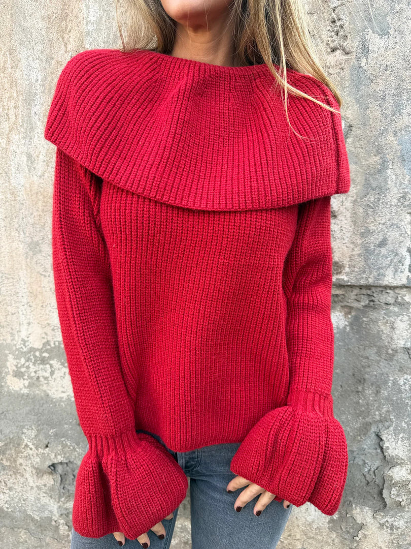 Off-Shoulder Knit Long Sleeve Sweater Flared Sleeve N6G297
