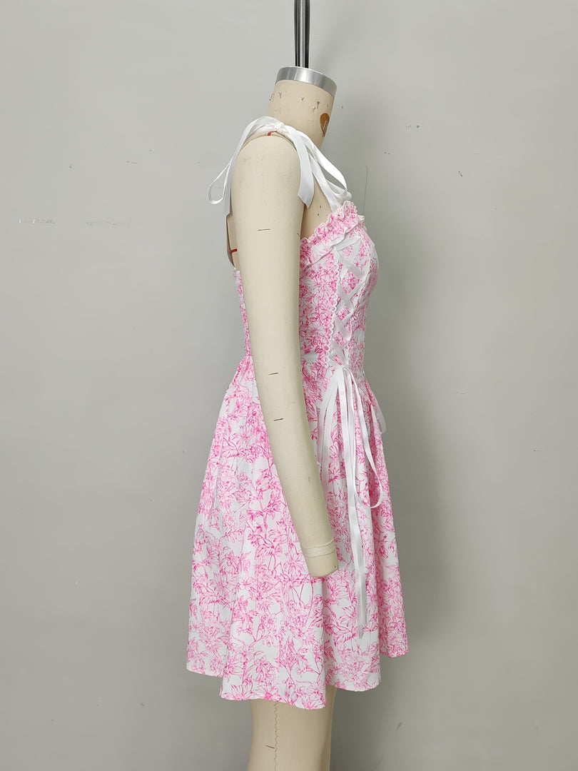 Pink Floral French Ruffle Tie Detail Maxi Dress Women N6D144