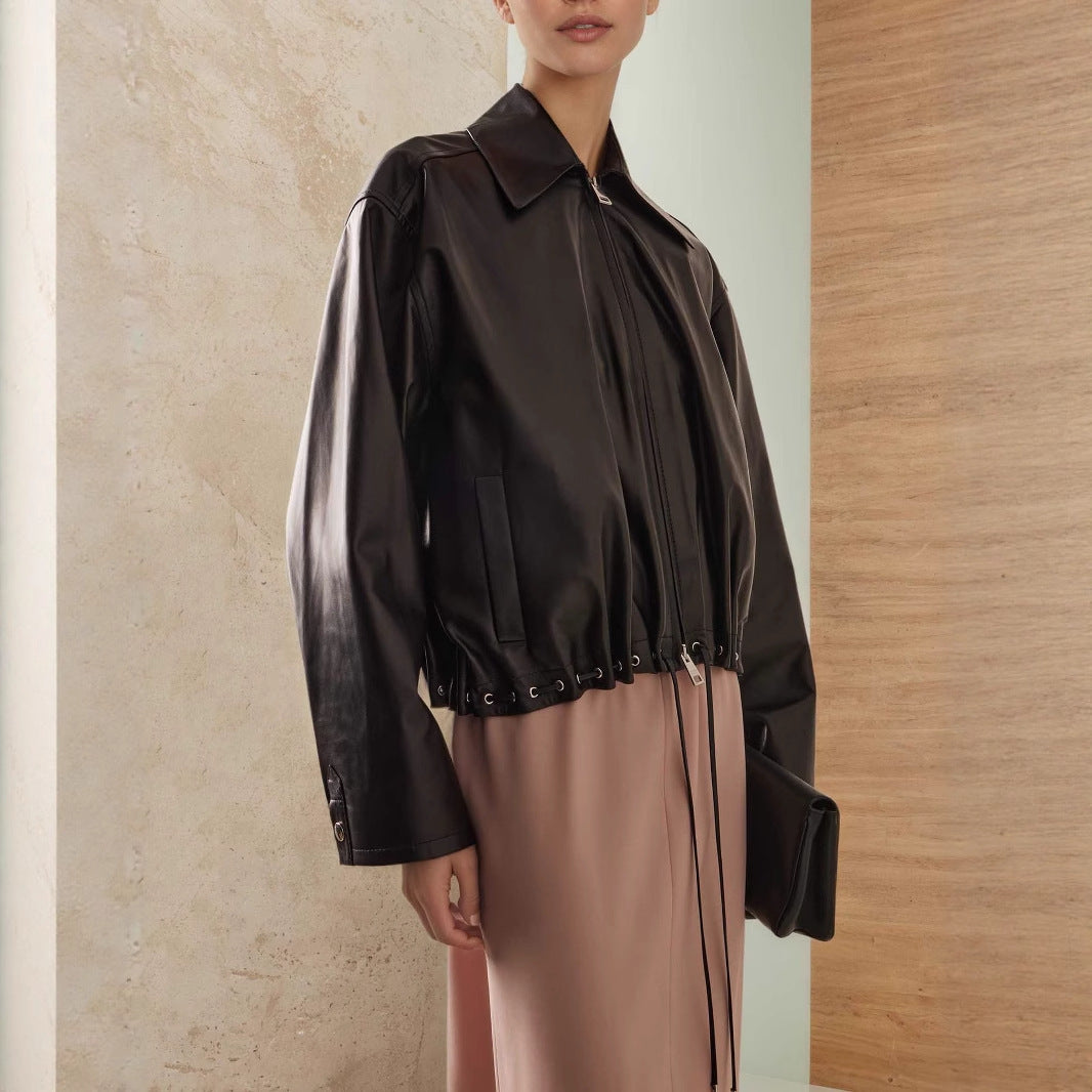 PU Notch Drawstring Crop Coat Mid Weight Black N5Z601