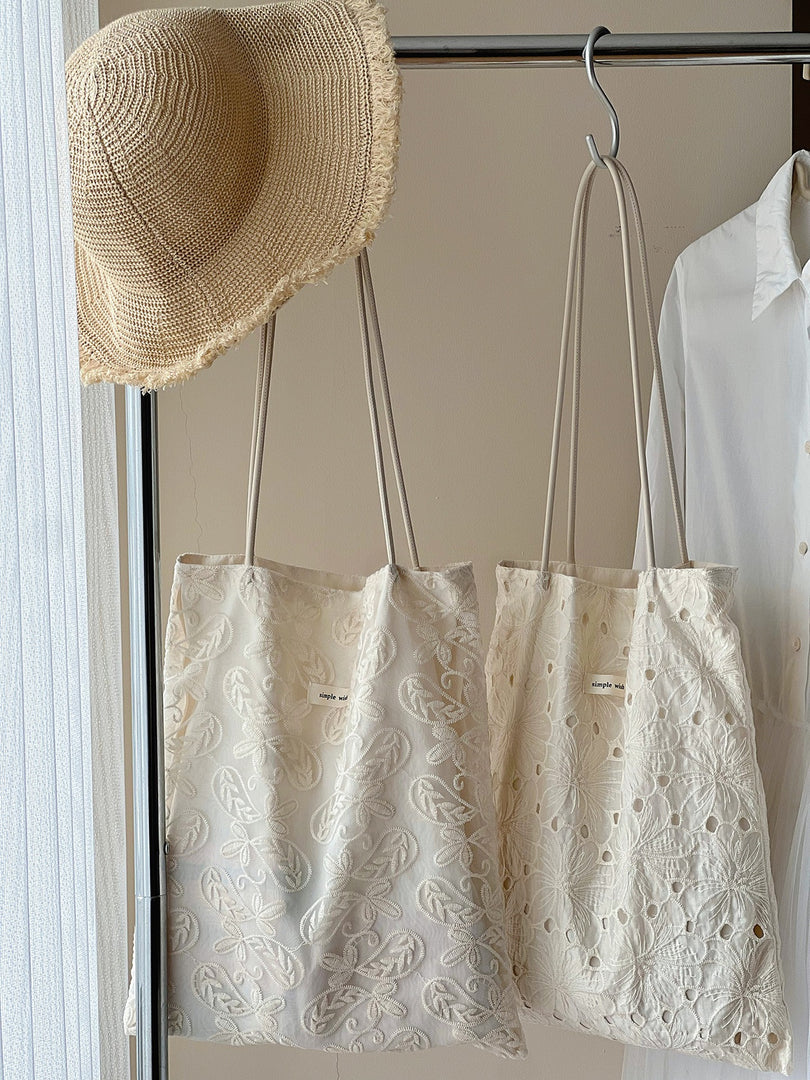 Cut-out Embroidery Fine Strap Canvas Shoulder Bag N6F181