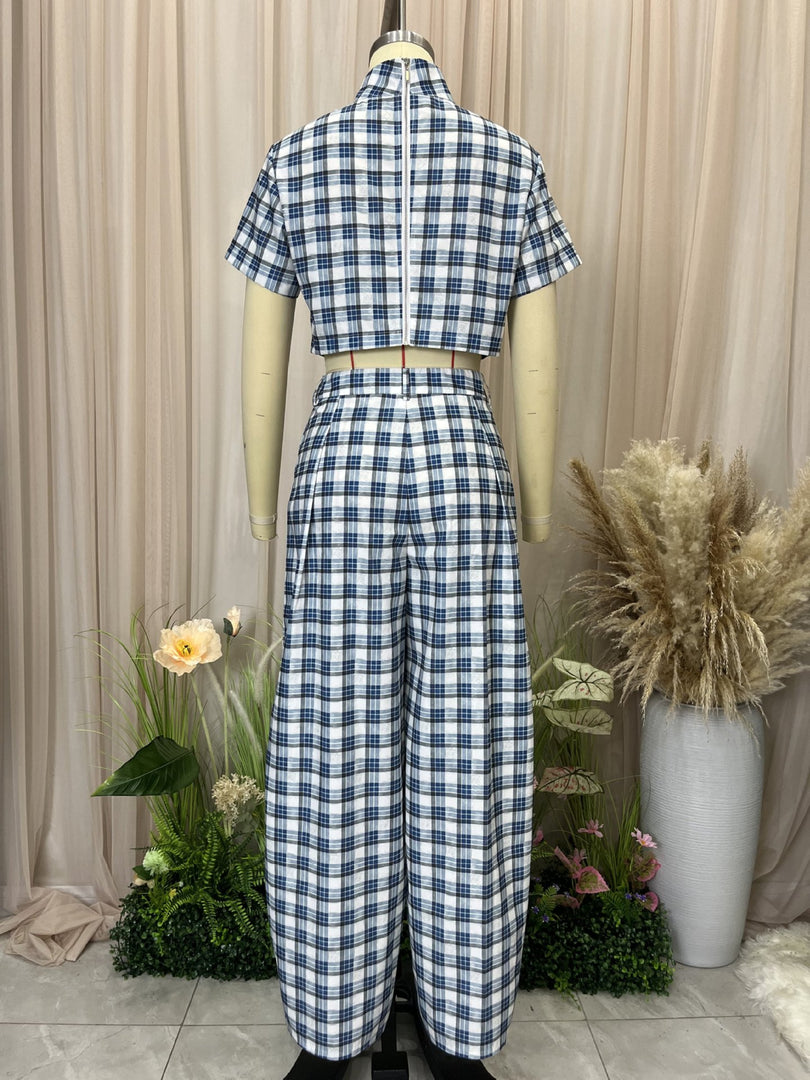 Blue White Plaid Crop Top Wide Leg Pants Set N6F223