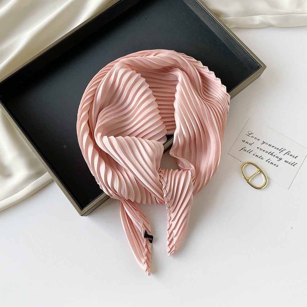 Pleated Satin Scarf Solid Square Lightweight Women N6G217
