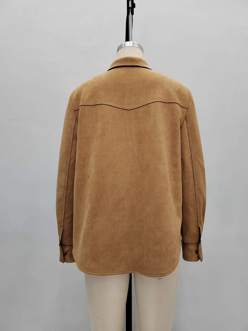 Suede Notch Lapel Multi-Pocket Loose Jacket Women N6C128
