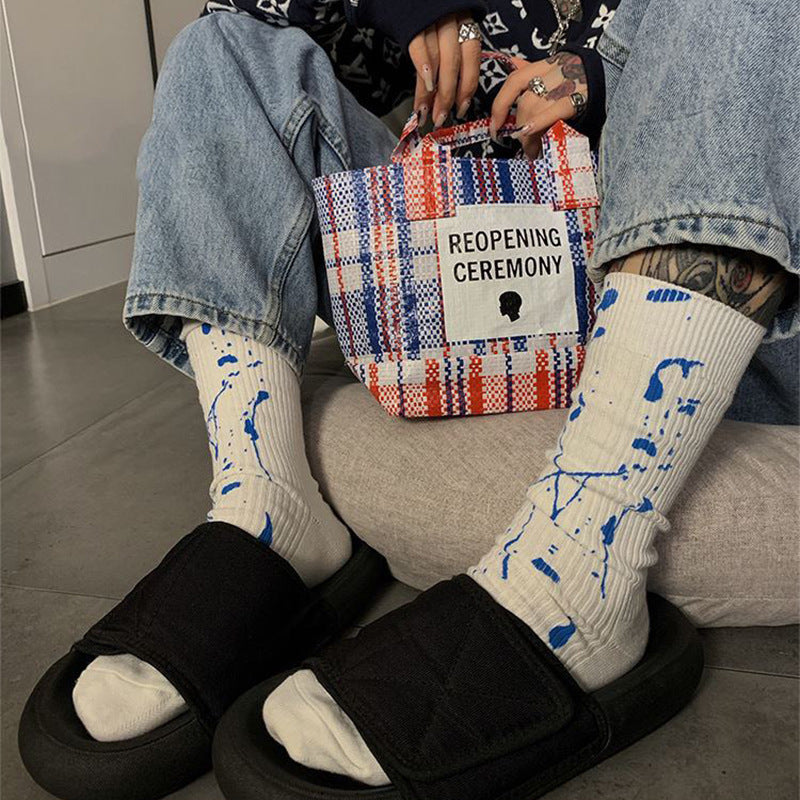 Blue Splatter Print Mid Calf Socks M5A061
