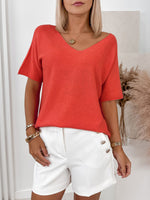 Load image into Gallery viewer, V-neck Relaxed Short Sleeve Knit Top Women Orange N6D138