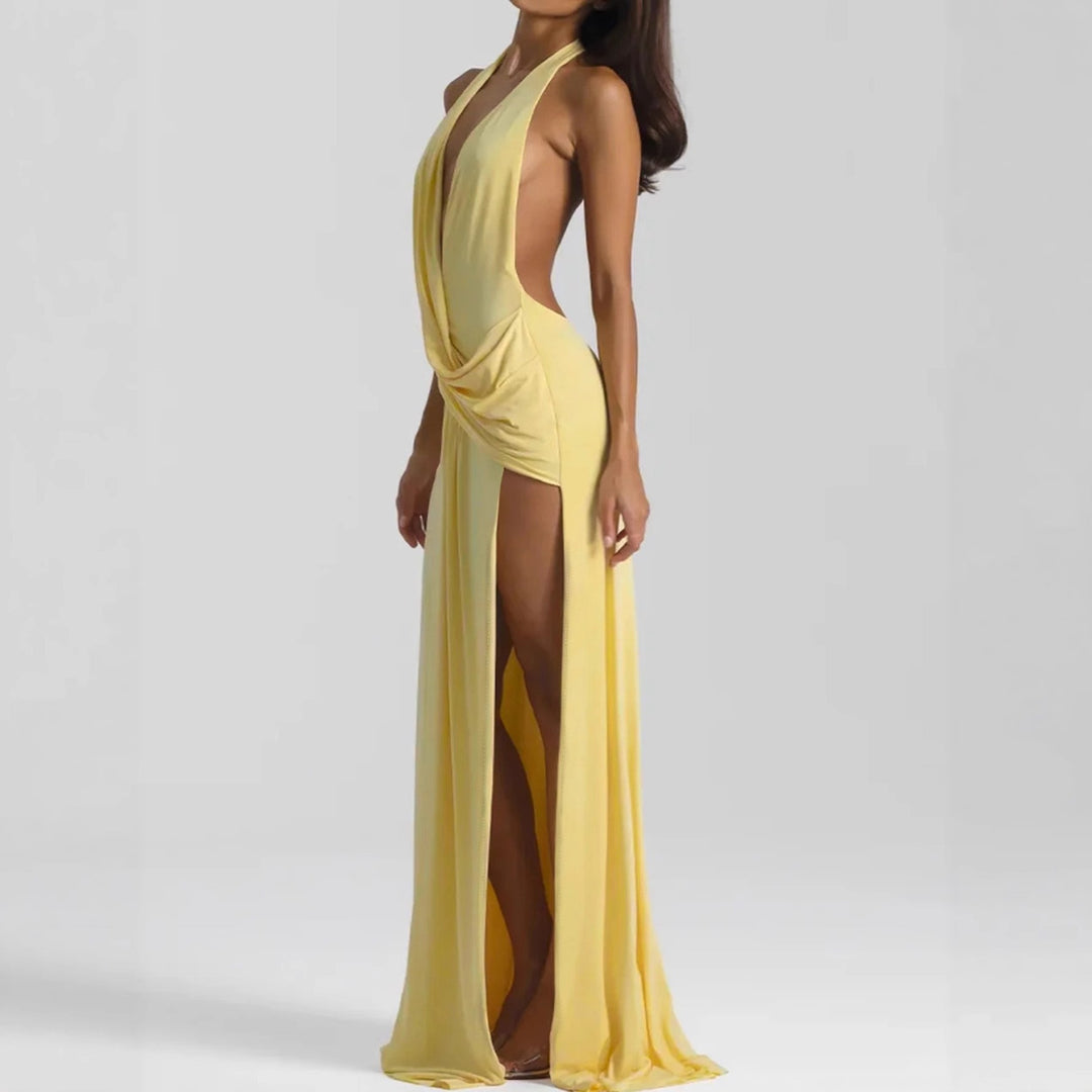 Deep V Tie Halter Dress Lightweight Buttercup N5Z833