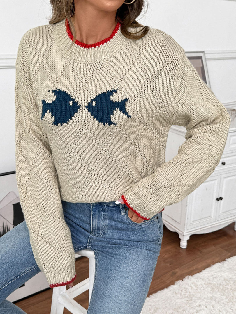 Round Neck Fish Jacquard Knit Sweater Women N6H300