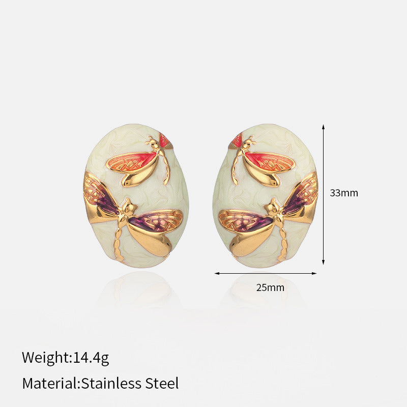 Oval Dragonfly Earrings Steel Asymmetric Drip Enamel S5P093