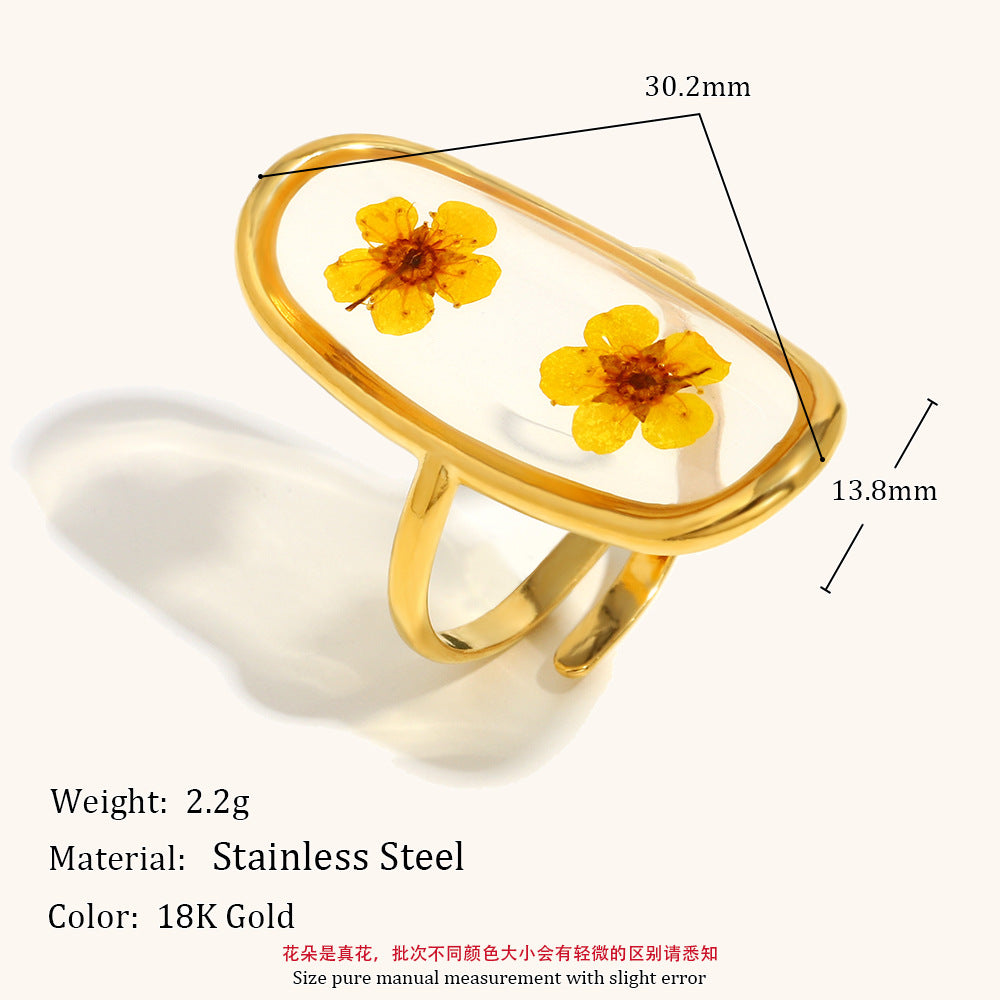 Real Flower Steel Ring Gold Plated Adjustable S5P002