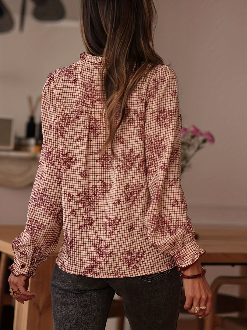 Long Sleeve Ruffle Plaid Blouse Women Brown N6A157