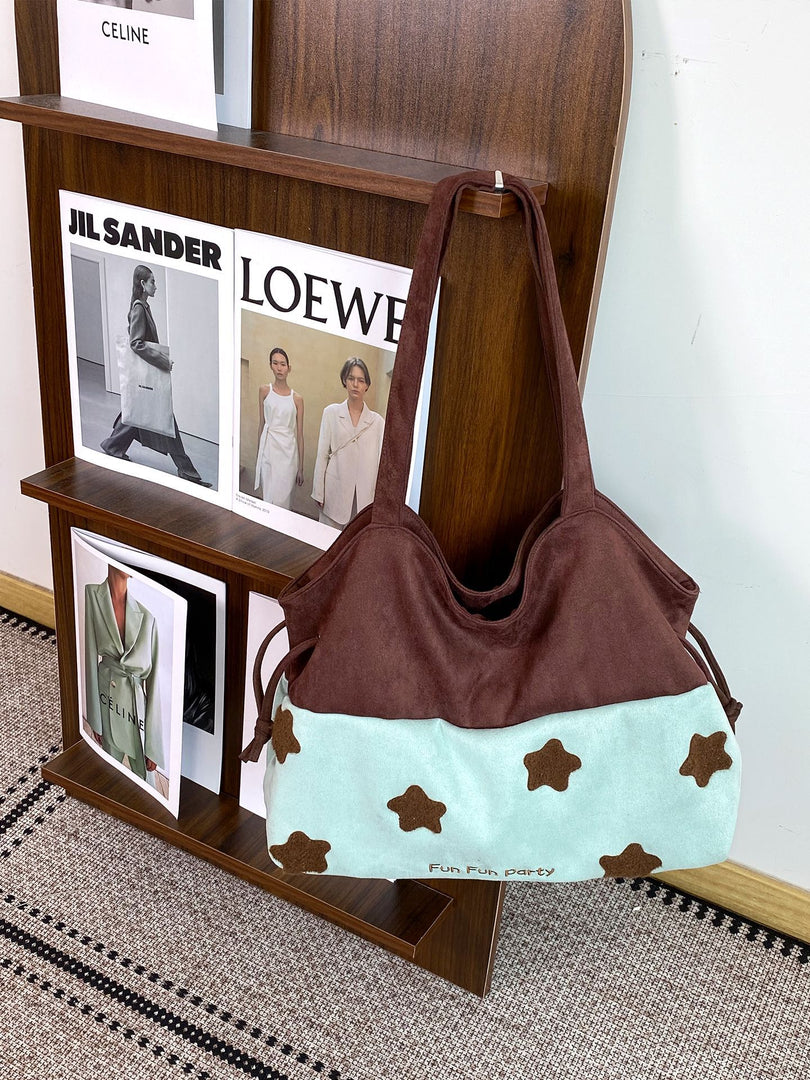 Women's Suede-Feel Color-Block Star Embroidered Tote Bag N6J211