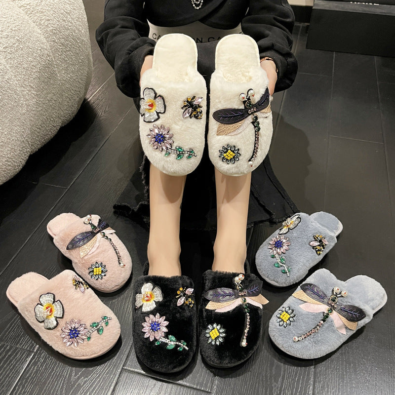 Insect Floral Embroidery Slippers Women M5A285
