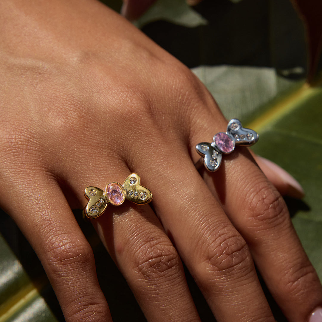 Pink Zircon Butterfly Ring Steel 18K Gold S5P027