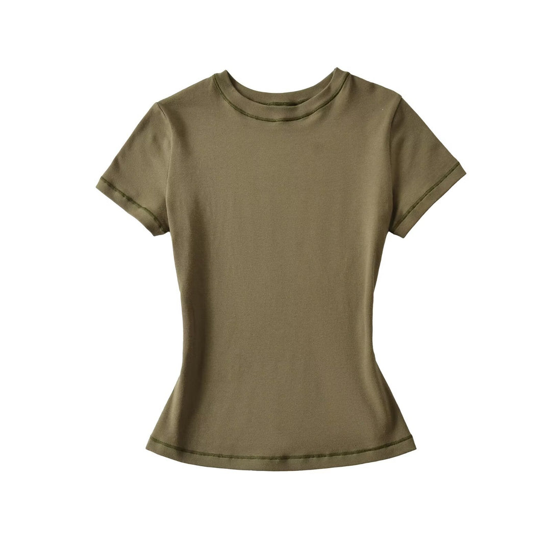 Fitted Round Neck Short Sleeve T-shirt Women N6D086