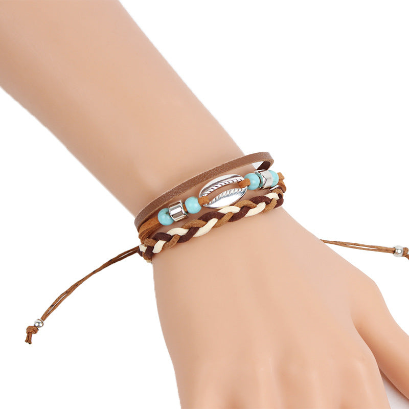 Hand Woven Shell and Leather Multi Layer Bracelet S5P616