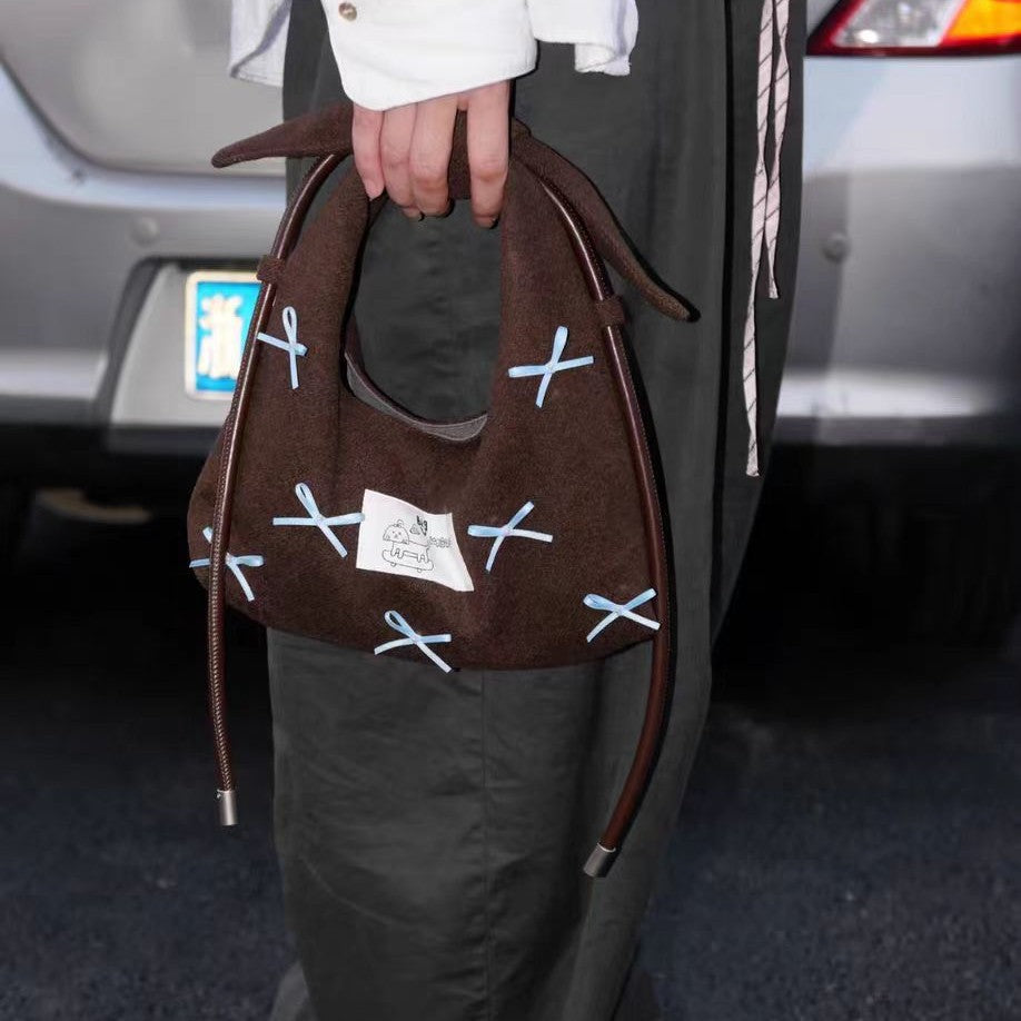 Embroidery Bow Tote Bag Women Boho Shoulder S5P813