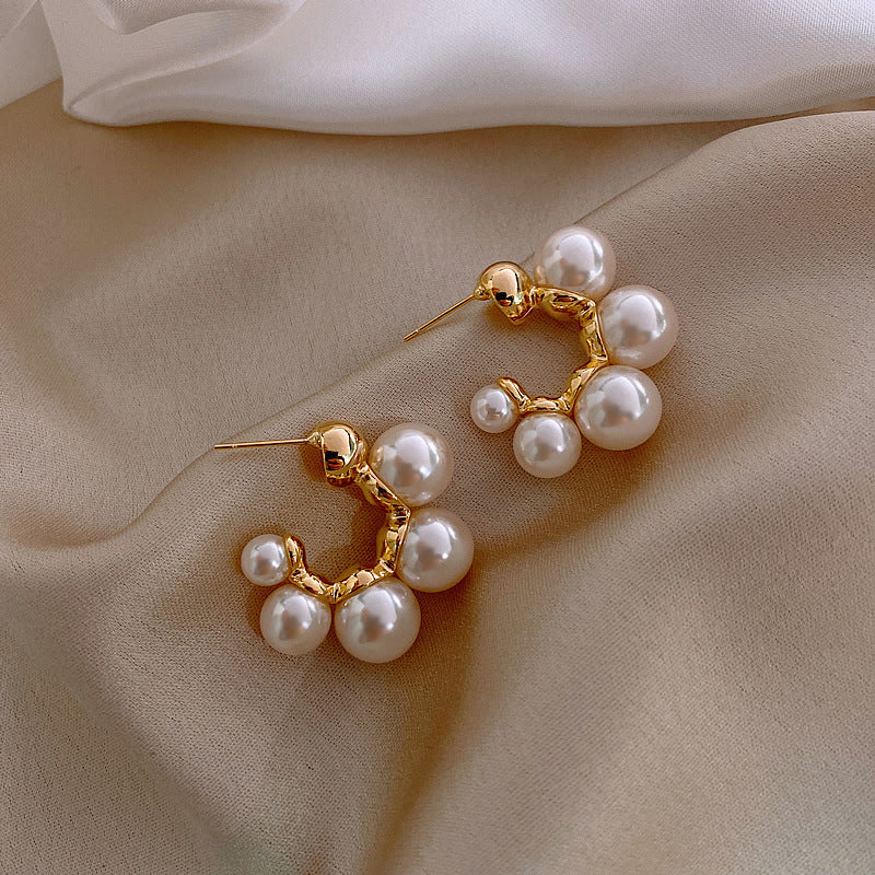 C-Shaped 5 Faux Pearl Stud Earrings Women Vintage N6H163