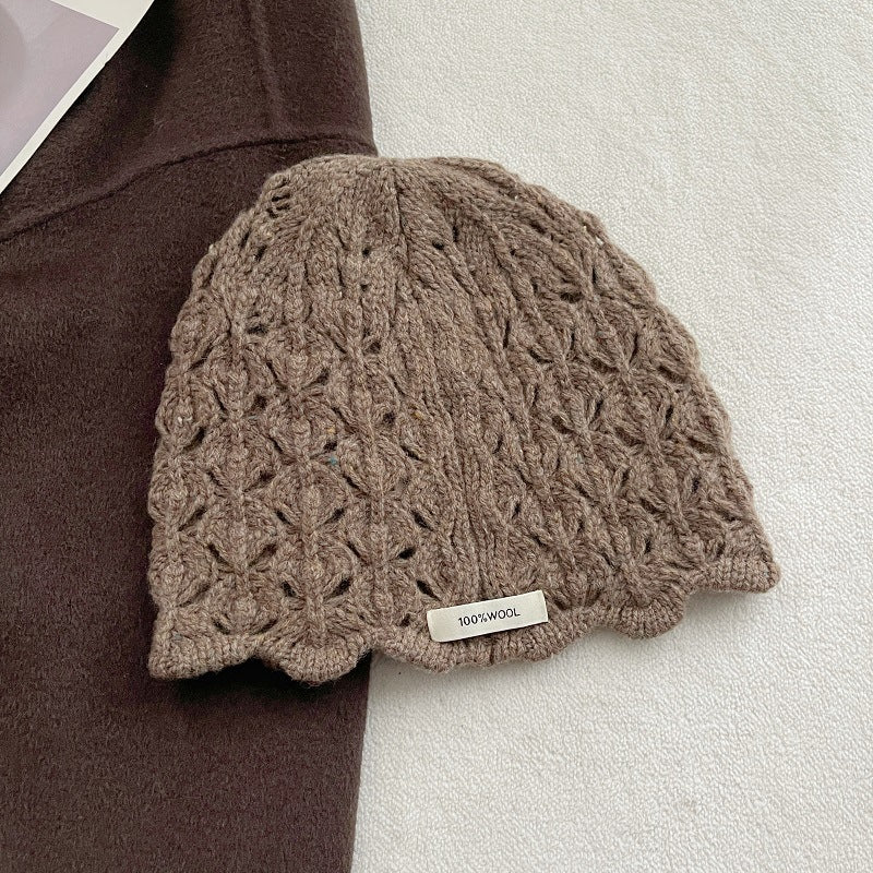 100% Wool Crochet Lace Hollow Knit Beanie Women N6H219
