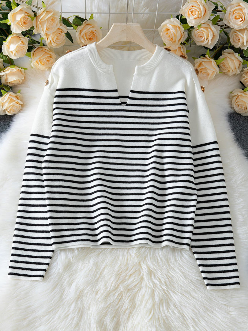 Striped V-Neck Shoulder Button Knit Sweater N6H263