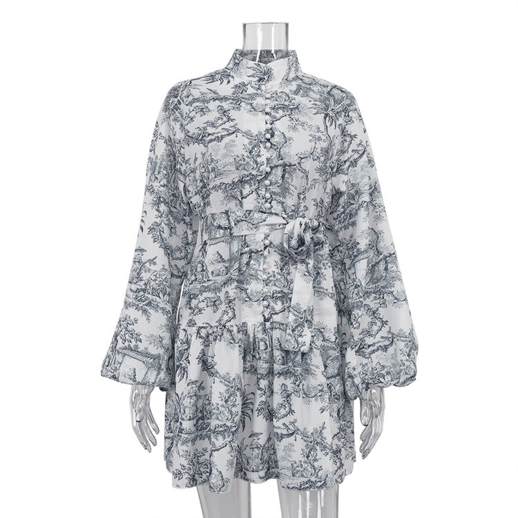 Ink Print Puff Sleeve Stand Collar A-line Dress Women N6C190