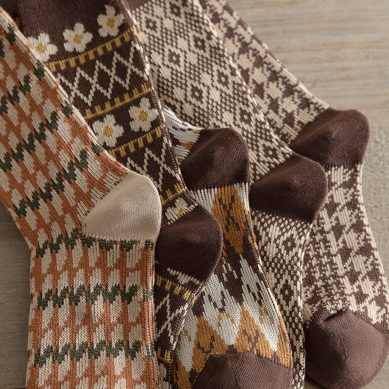Vintage Double Needle Mid-Calf Socks Warm Cotton N6H028