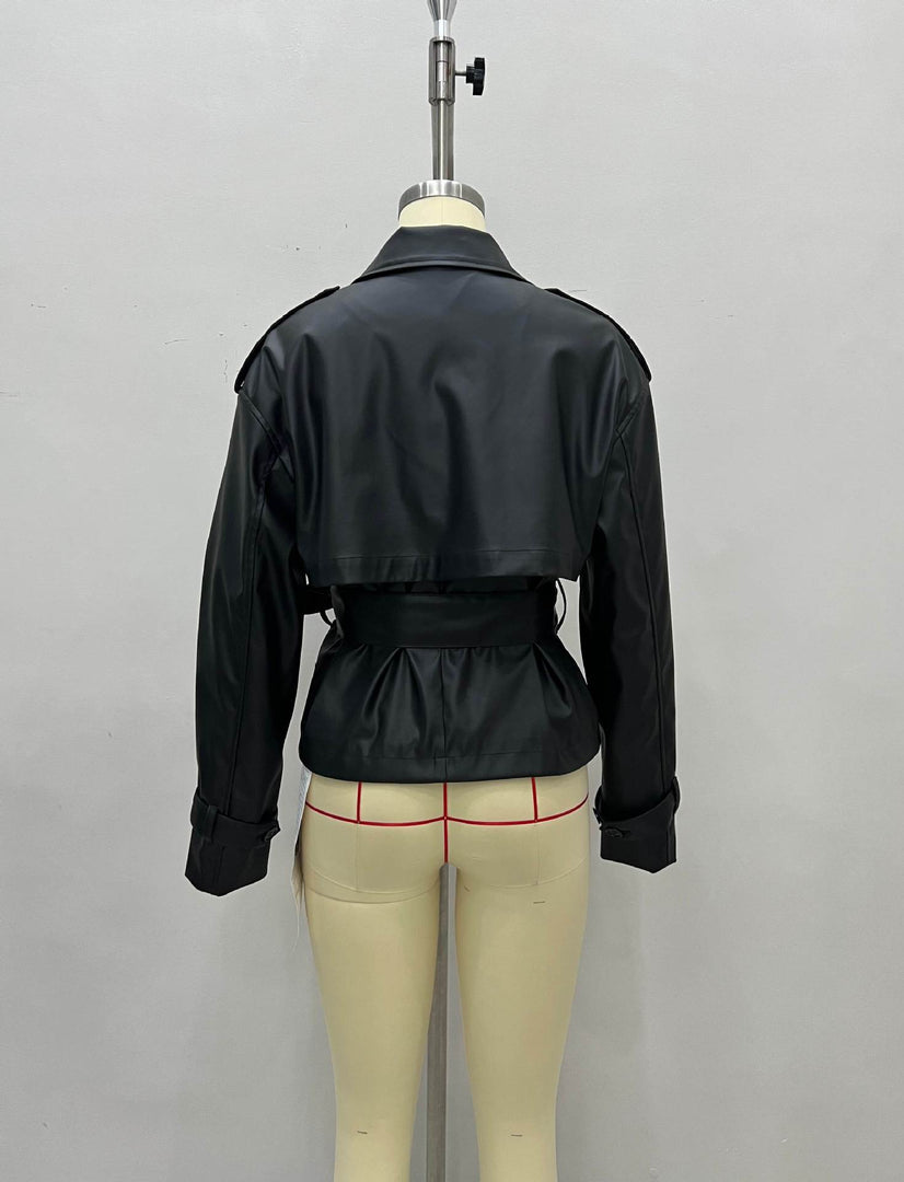 PU Leather Belted Short Jacket Street Style Slim Fit N6G179