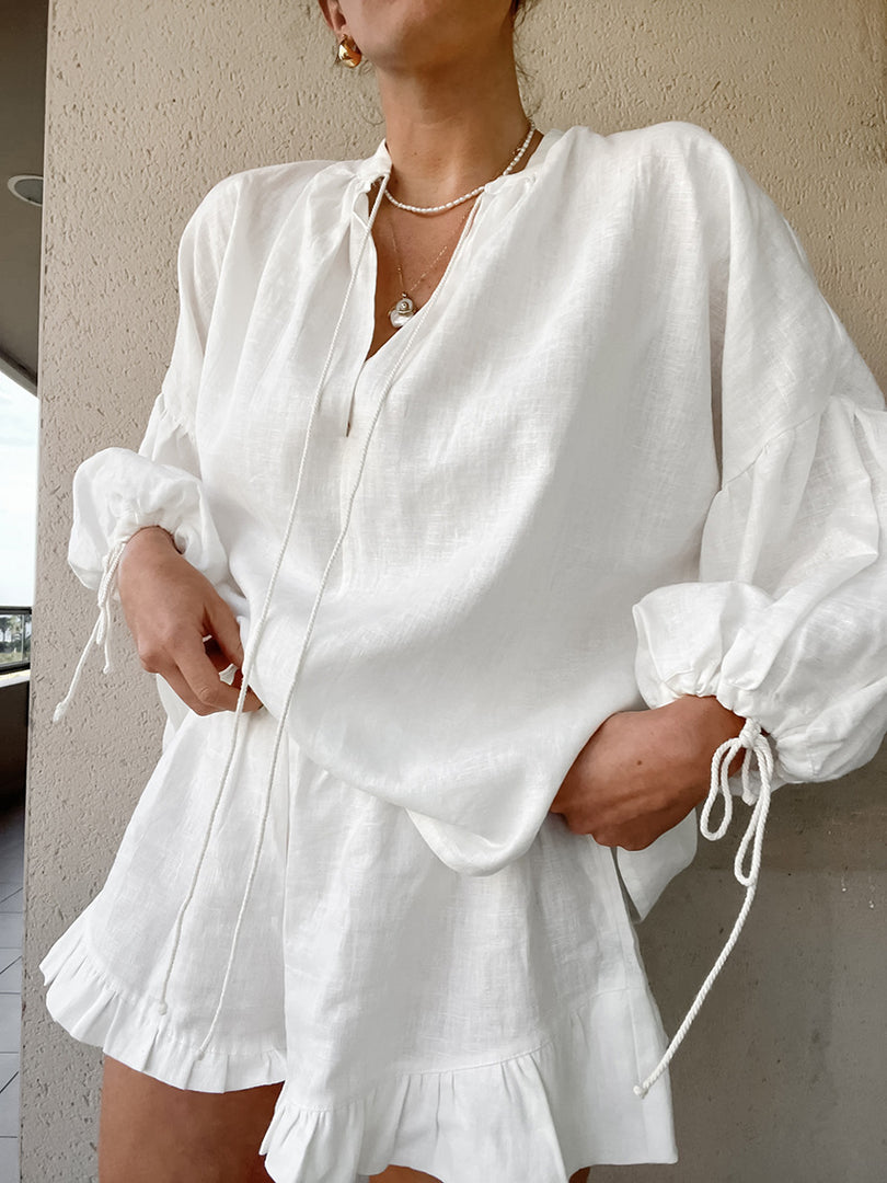 Lantern Sleeve Linen Two-Piece Set Women N6D115