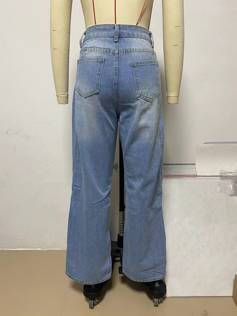 Patchwork Wide Leg Flare Jeans Women Blue N6D155