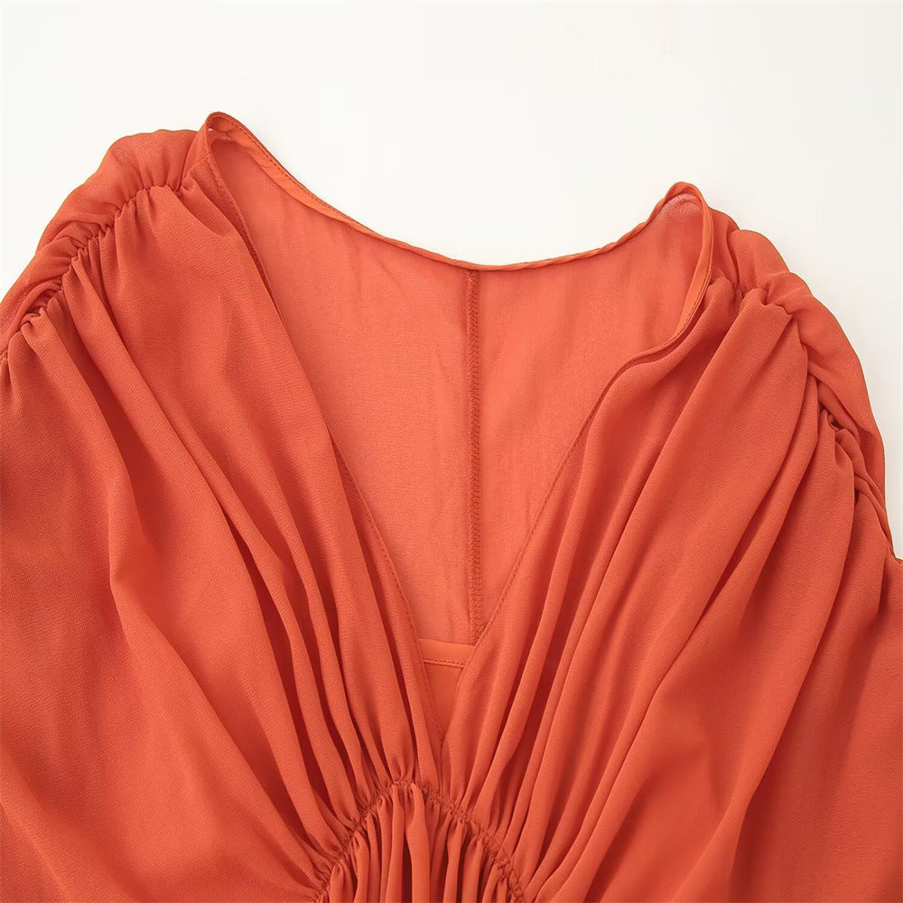 Draped V Neck Satin Dress Mid WeightN 5Z347