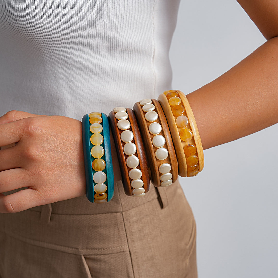 Wood and Marbled Acrylic Beaded Bracelet N6K141