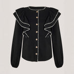 Load image into Gallery viewer, Black Puff Sleeve Lace Trim Blouse Women N6C261