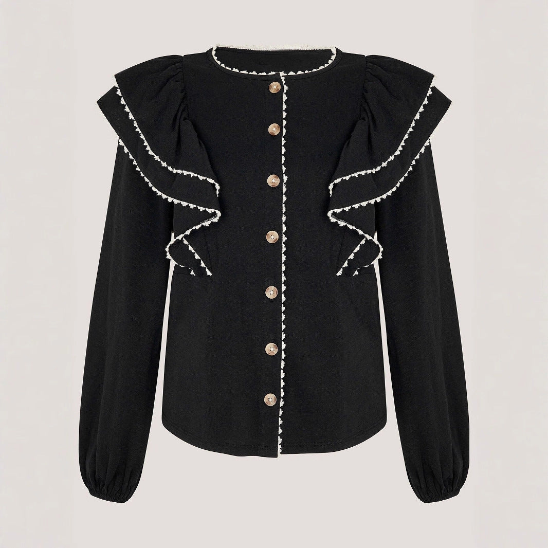 Black Puff Sleeve Lace Trim Blouse Women N6C261