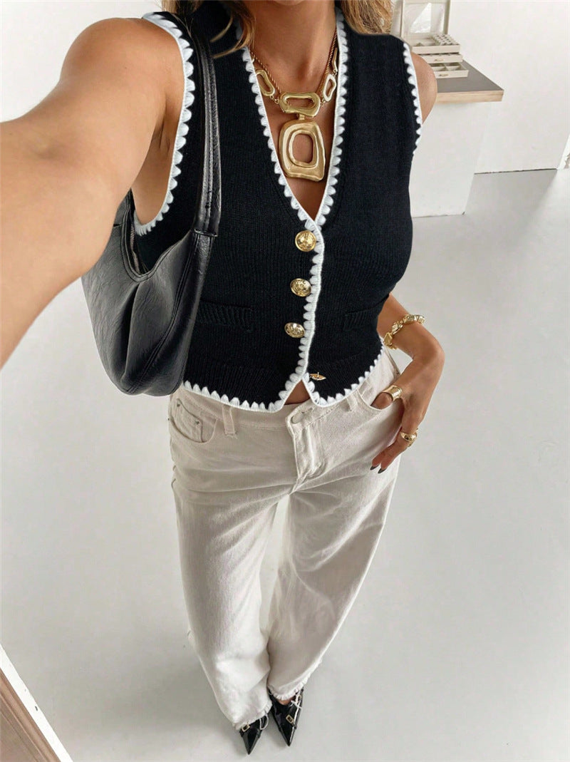 Color Block Lace Trim Knit Vest Cardigan Women N6C320