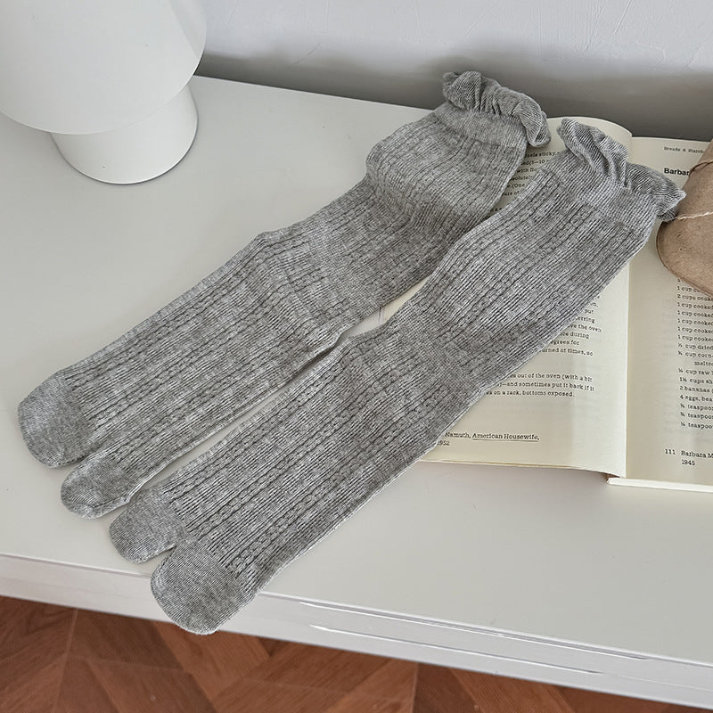 Lace Trim Hollow Mesh Mid-Calf Split Toe Stack Socks N6H025