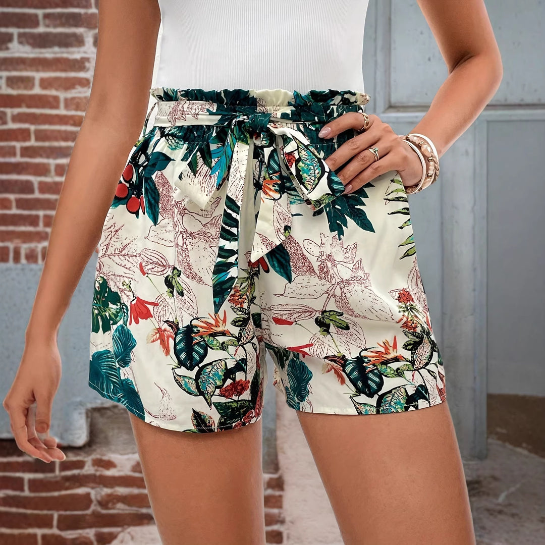 Tropical Print Drawstring Waist Wide Leg Shorts Women N6C246