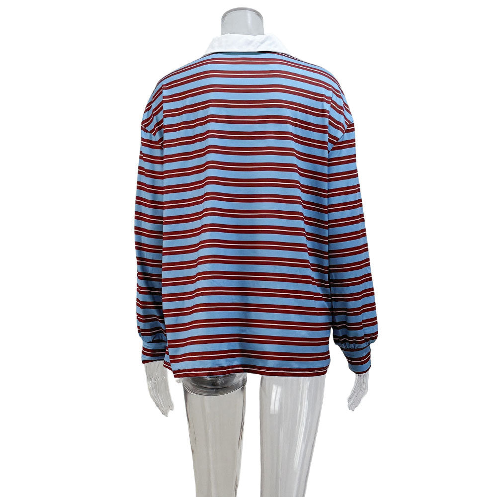 V Neck Contrast Striped Long Sleeve T-Shirt N6A128