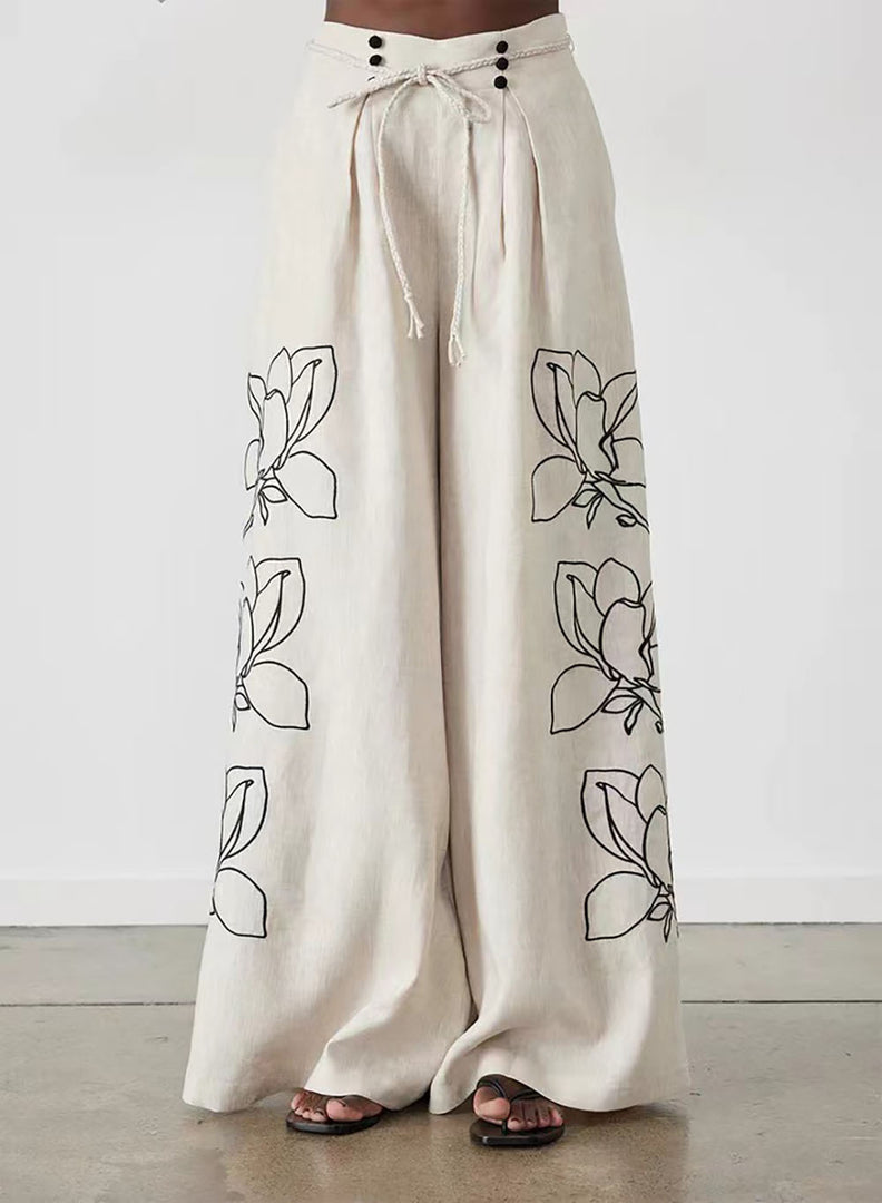 Embroidered Linen Wide Leg Pants Suit Women N6F188