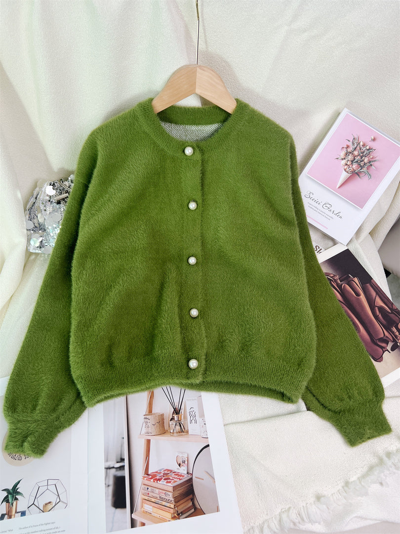 Faux Mink Pearl Button Cardigan Round Neck N6G141