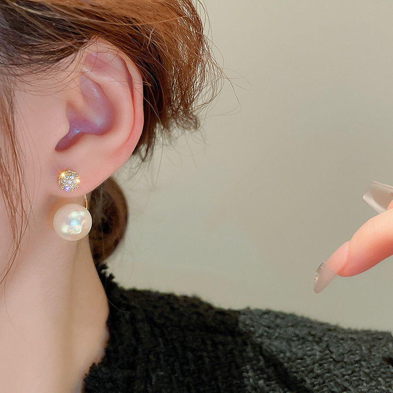 2-in-1 Zircon Faux Pearl Stud Earrings Real Gold Plated N6H156