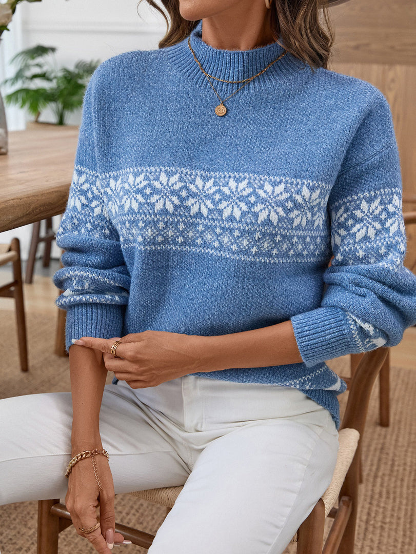 Snowflake Jacquard Half High Collar Knit Sweater N6H261
