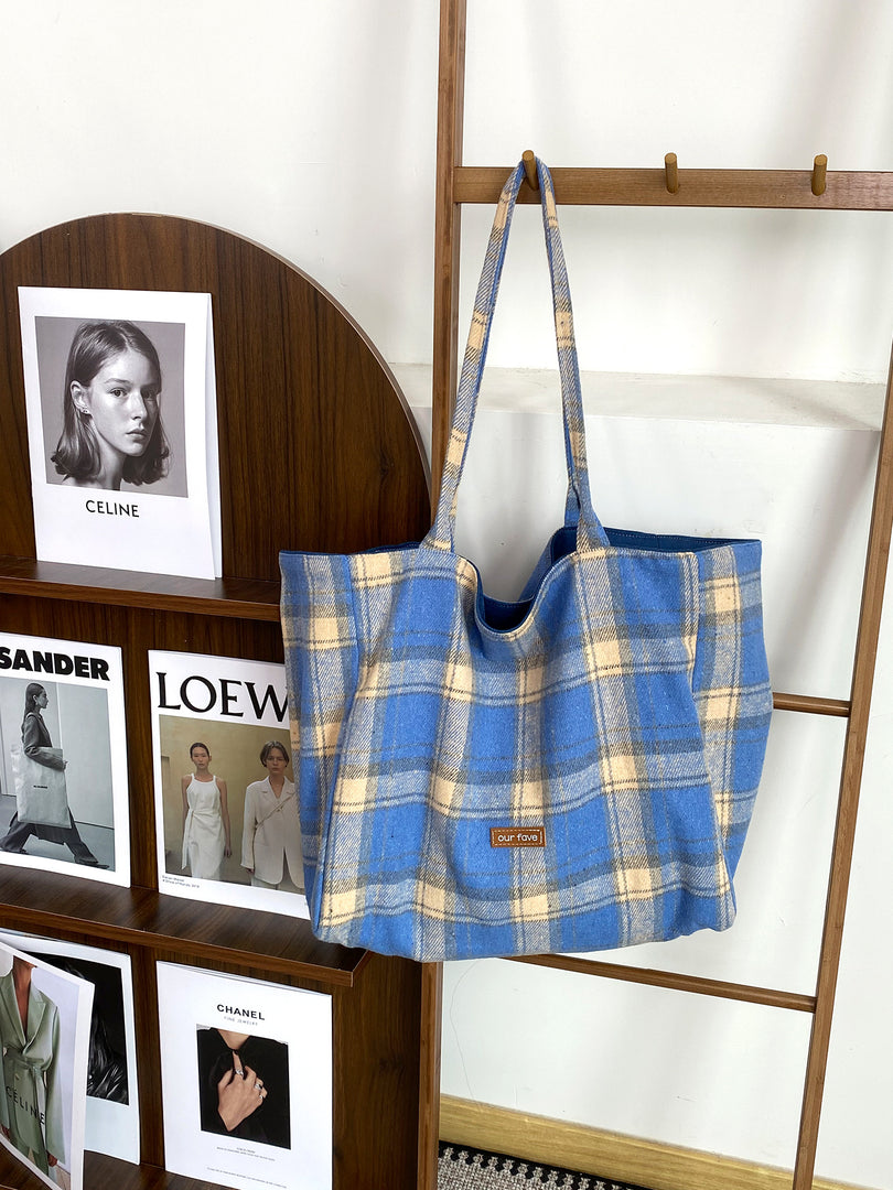 Women's Plaid Wool Tote Shoulder Bag N6J183
